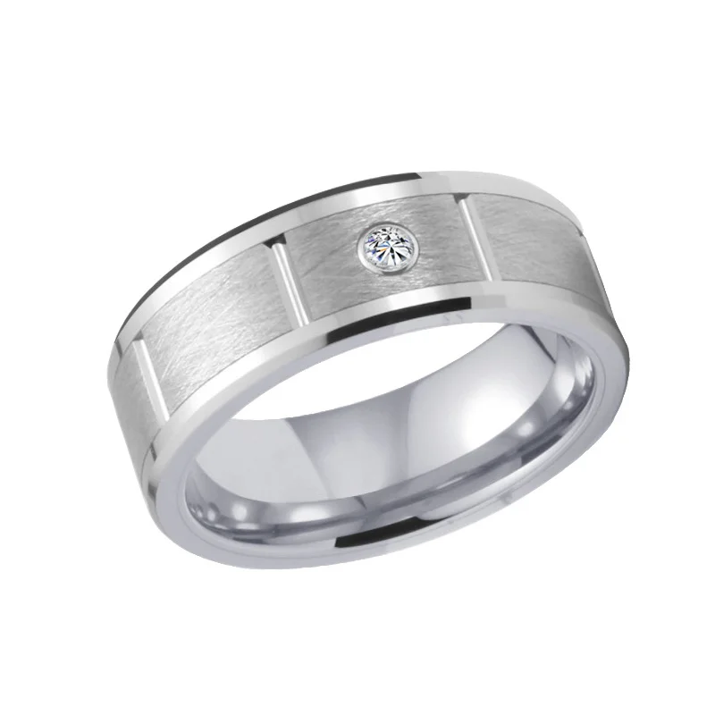 8MM Women's Or Men's Silver Tungsten Carbide Rings Brushed Beveled Edge Zircon Inlay Grooved