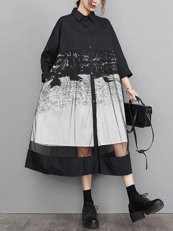 Stylish Black Lapel Buttoned Gauze Printed A-Line Long Sleeves Midi Dress