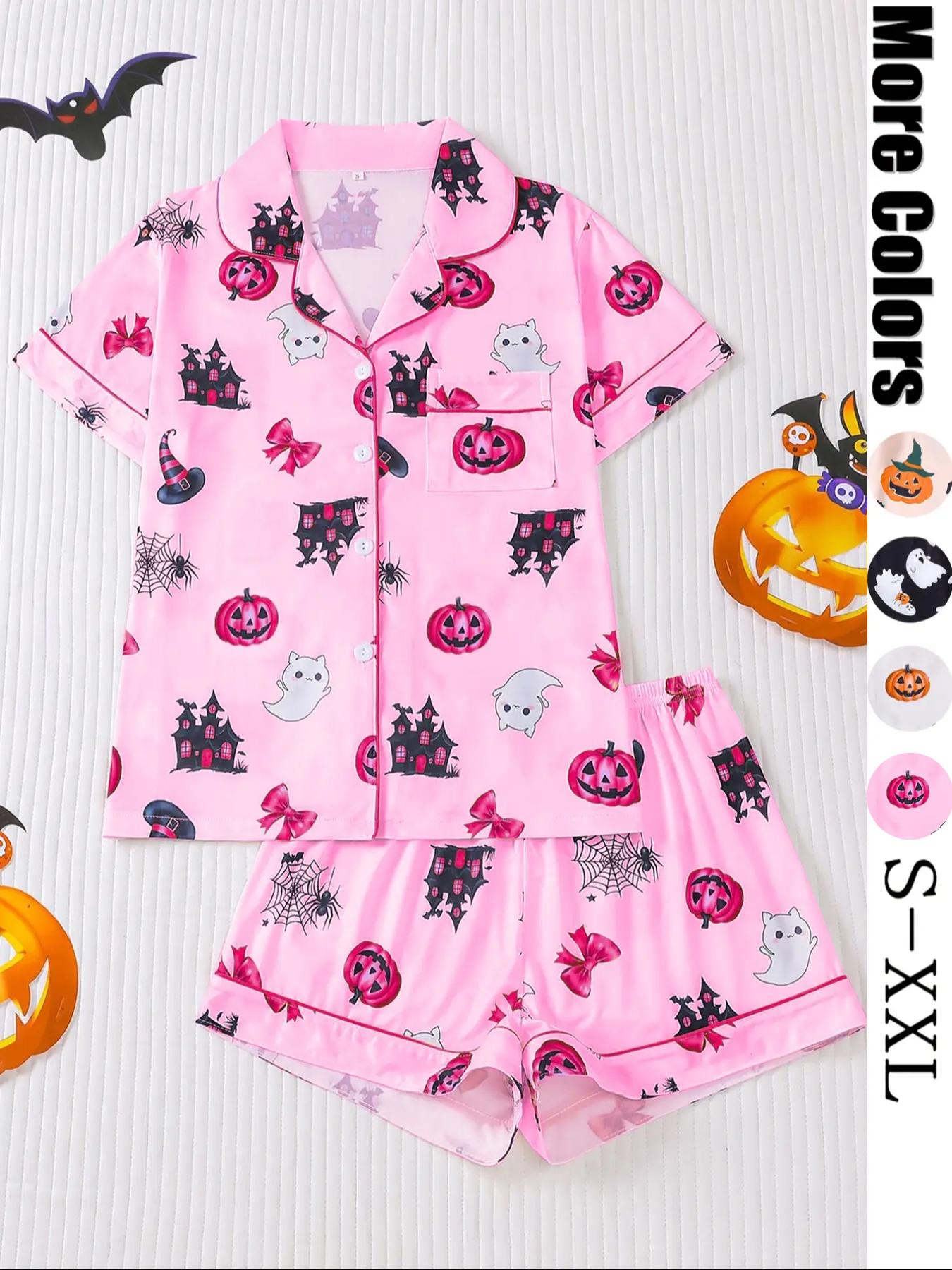 Women Christmas Pajama Set, Santa & Bowknot Tree Pattern, Short Sleeve Button-Up Shirt & Elastic Shorts, Casual All-Season Sleepwear Loungewear