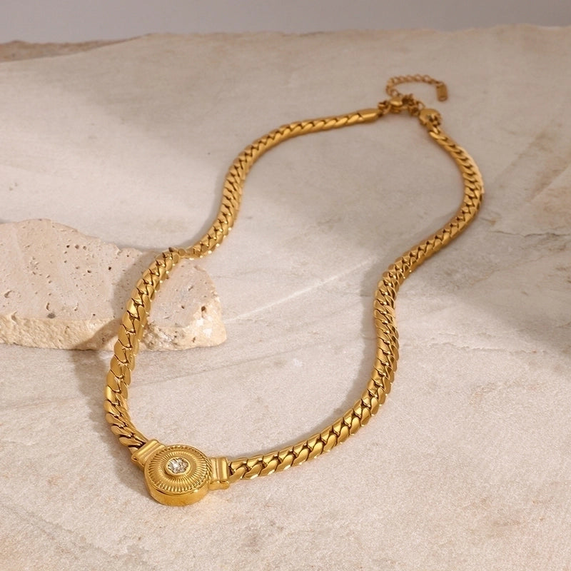 18K Gold Stainless Steel White Diamond Diamond Rib Heart Pendant Chain Necklace