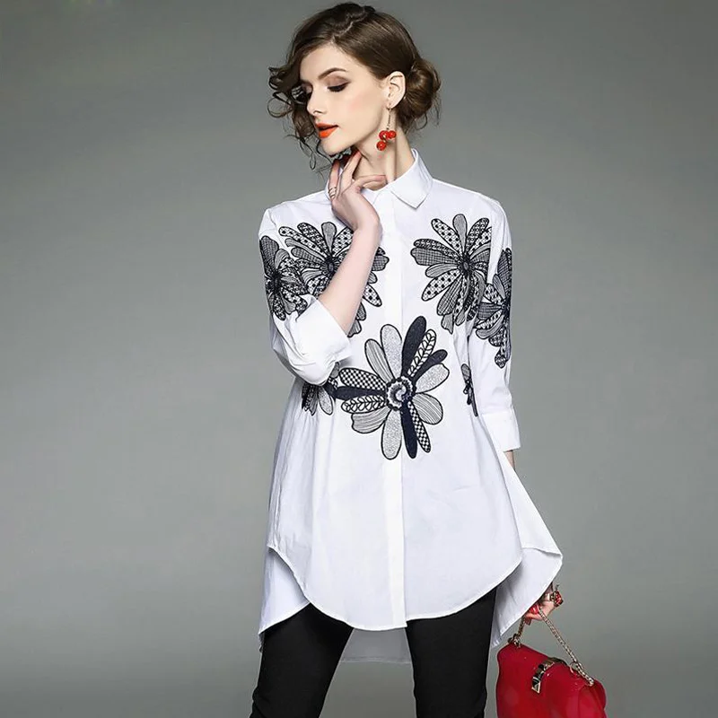 Wongn Lace Embroidery Irregular Shirt Women's Clothing 2023 Autumn New Oversized Casual Tops Office Lady Asymmetrical Blouse