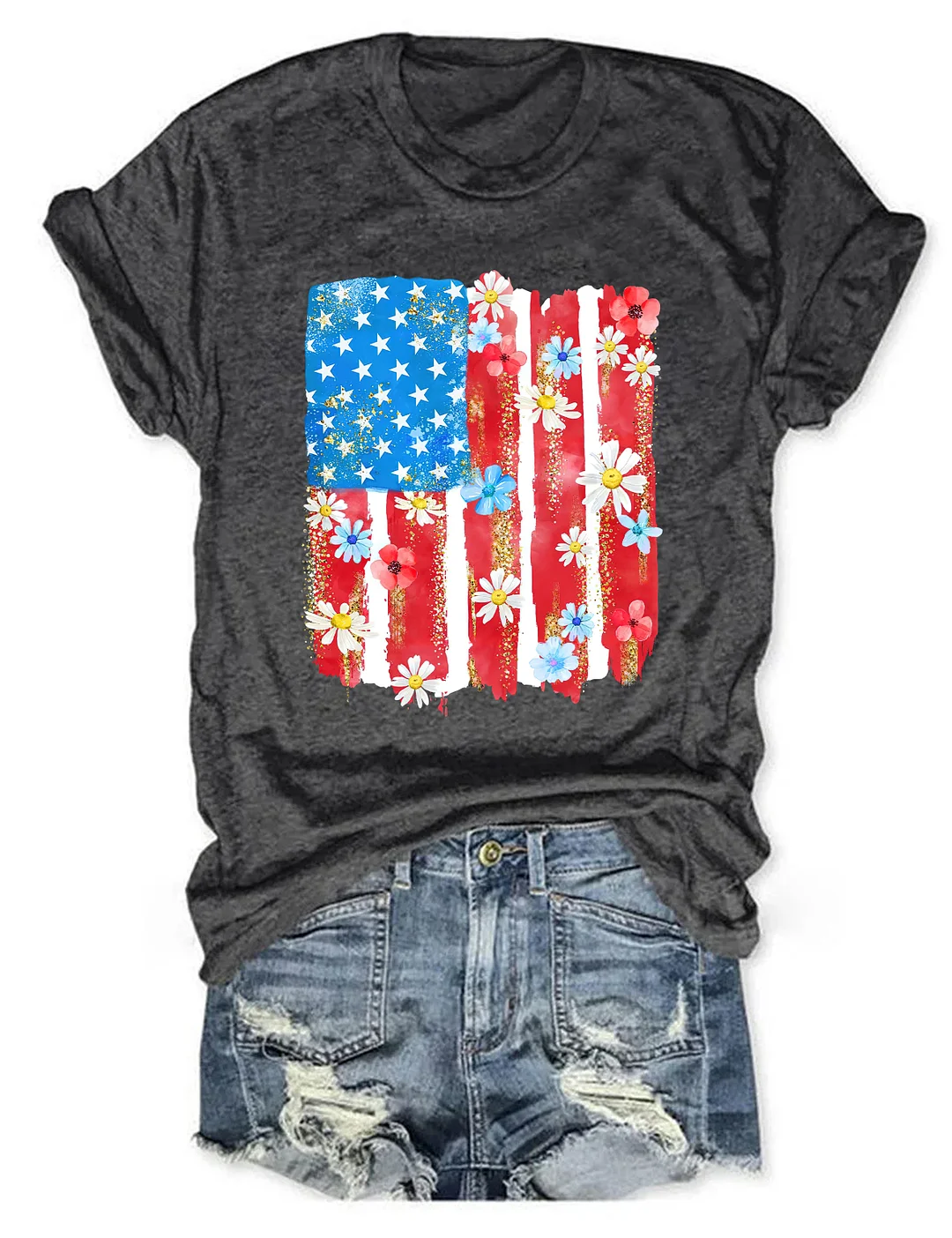 Flower Brushstroke America Flag T-shirt