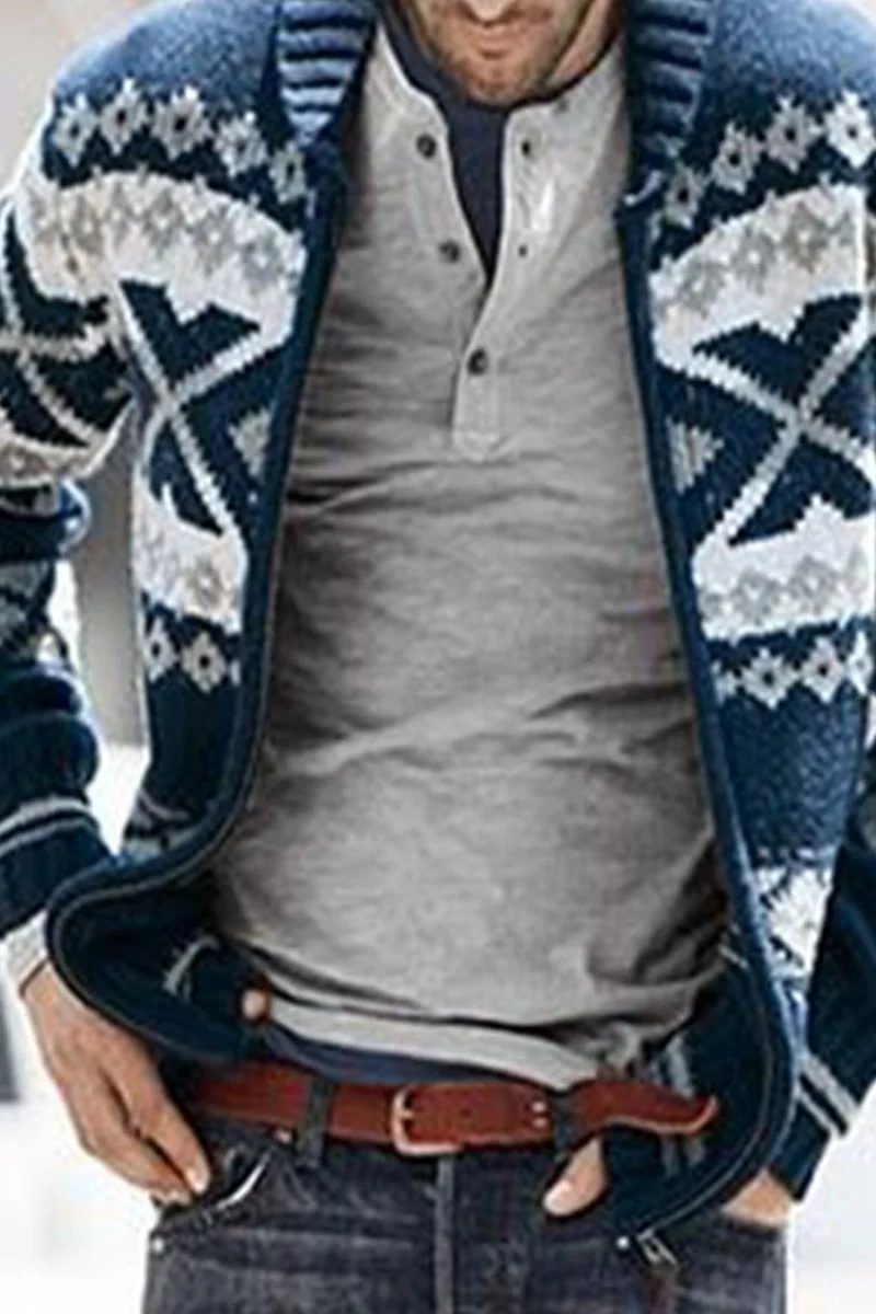 Men's Long Sleeve Printed Knitted Cardigan