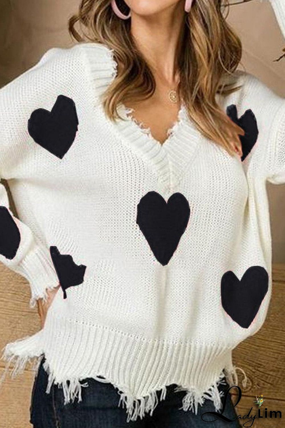 V-Neck Distressed Hearts Casual Sweater