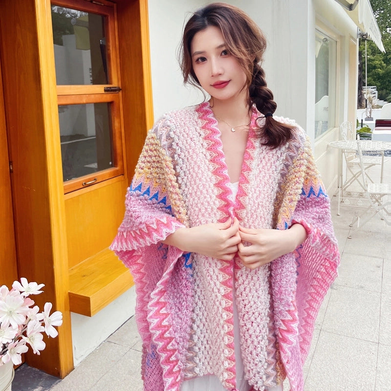 Yunnan Lijiang Travel Outside Knitted Shawl Ethnic Style Vintage Cape Cloak Tassel Scarf For Vacation Wear