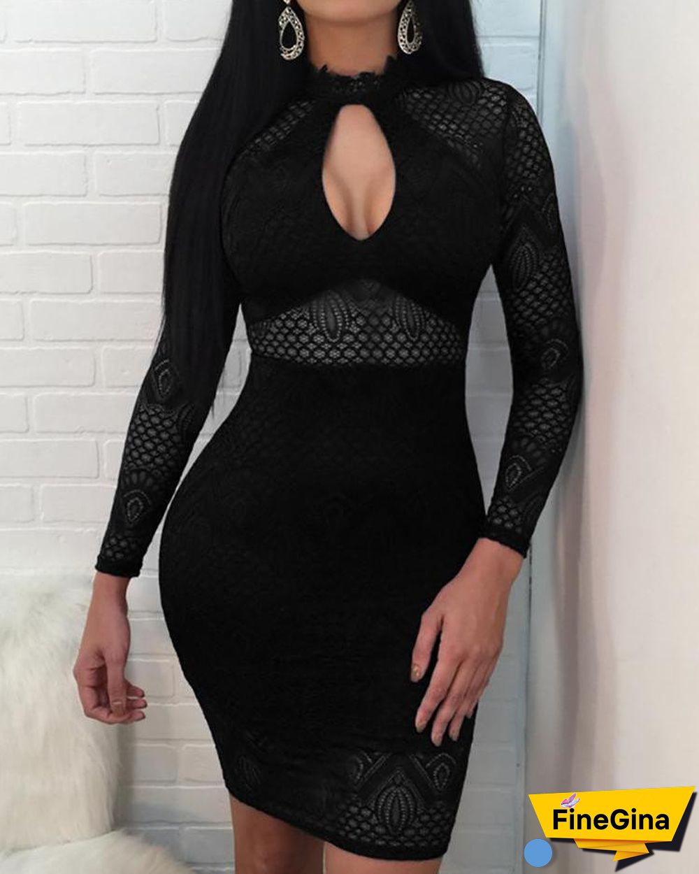 Sexy Cutout Front Hollow Out Lace Sheath Dress P14619