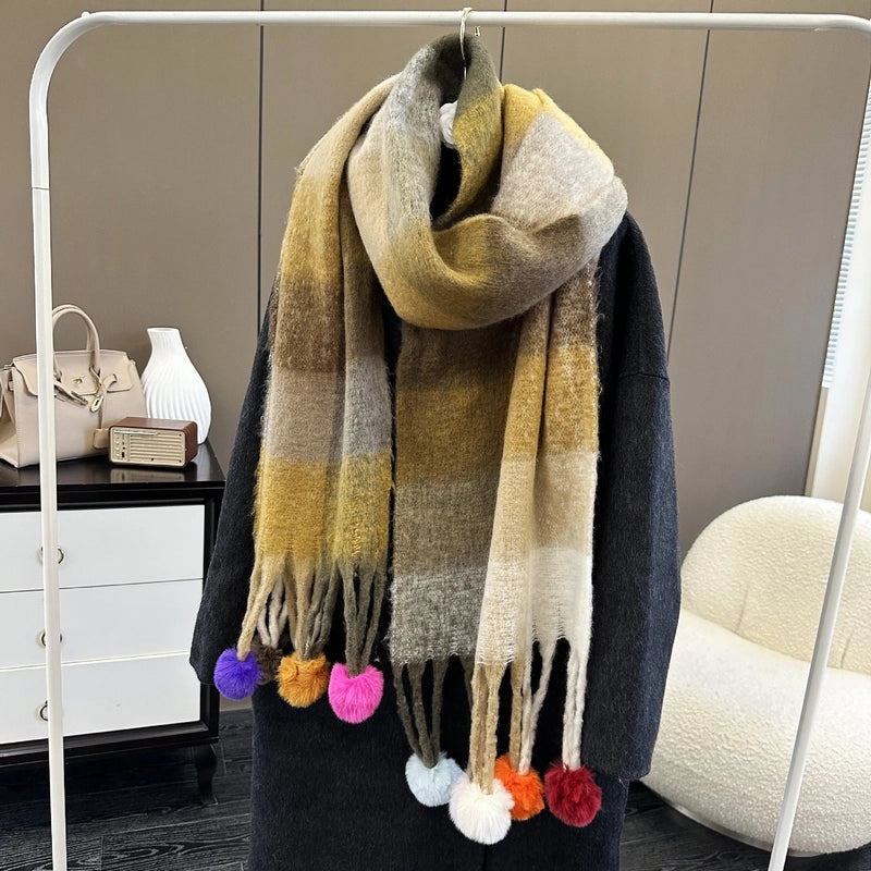 New Rainbow Stitching Dyed Plaid Scarf Women’s Winter Atmosphere Long Style Thickened Tassel Scarf