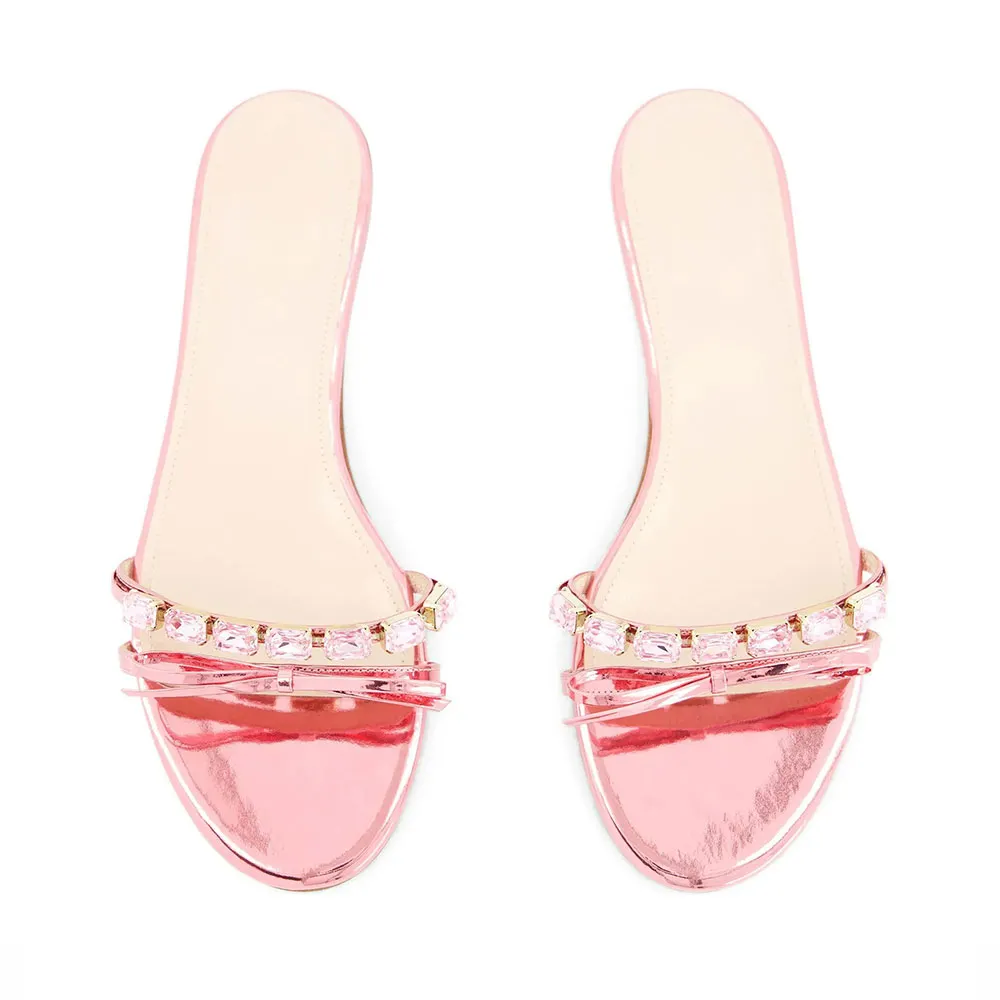 Pink Open Round Toe Slip On Rhinestone Bow Flat Slide Sandals Women