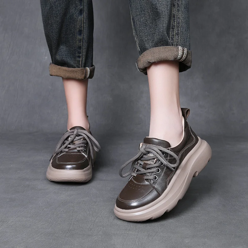 Yyvonne Layer Cowhed Thick Sole Casual Single Shoe Women 2025 Spring New Soft Bottom Round Head Tie Comfortable Women Shoes