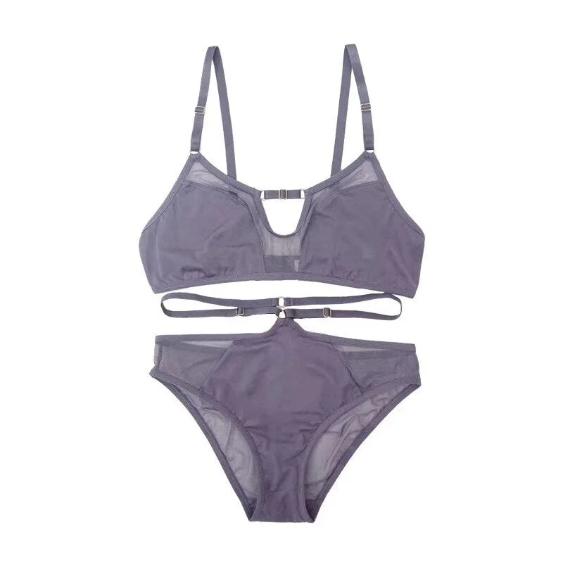 Sexy ultra-thin bra set double hollow out mesh gauze lingerie panties sets comfortable breathable underwireless underwear