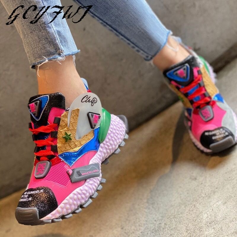 Women Sneakers Flat Platform Fish Skin Mesh Breathable And All-match Banquet Ladies Shoes Lace-Up Round Toe Shallow Buty Damskie