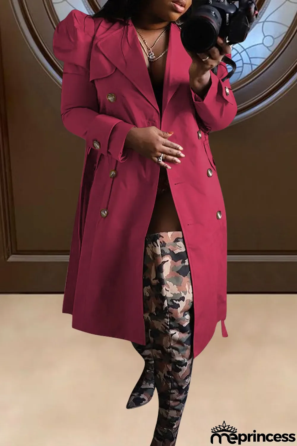 Khaki Casual Solid With Belt Turndown Collar Outerwear