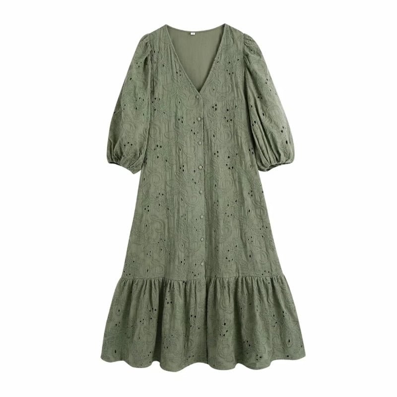 Summer Women Hollow Embroidery Lantern Sleeve Midi Dress Female V Neck Clothes Casual Lady Loose Vestido D7379