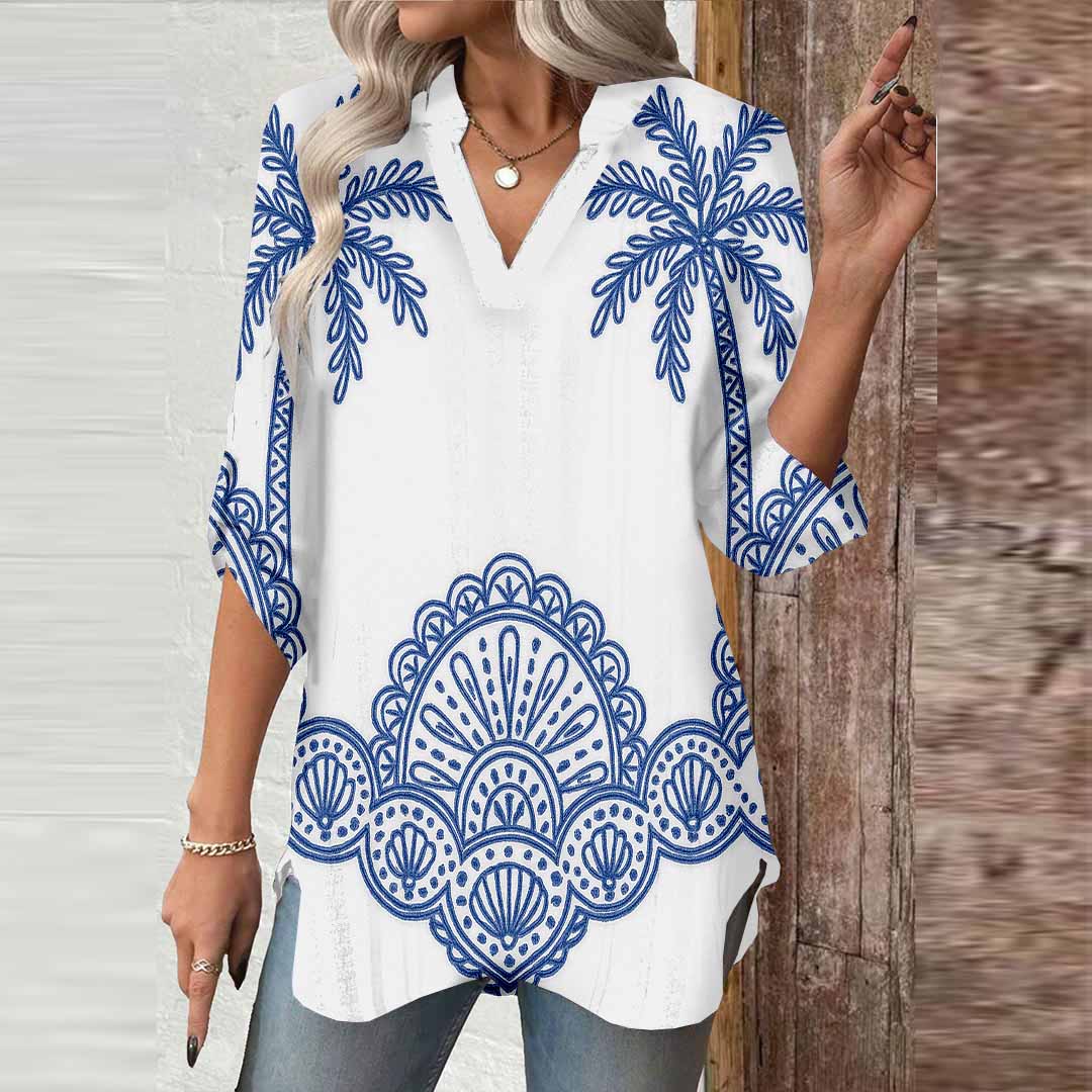 Women Tropical,Blue DZGA0276 3/4 Sleeve V-neck Printed Graphic Button Tops