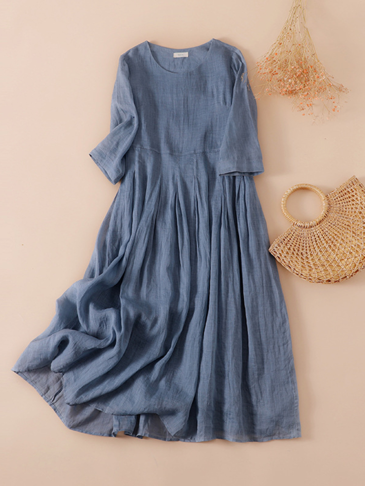 Retro Loose Cotton Linen Solid Color Mid-length High Elegant Casual Dress