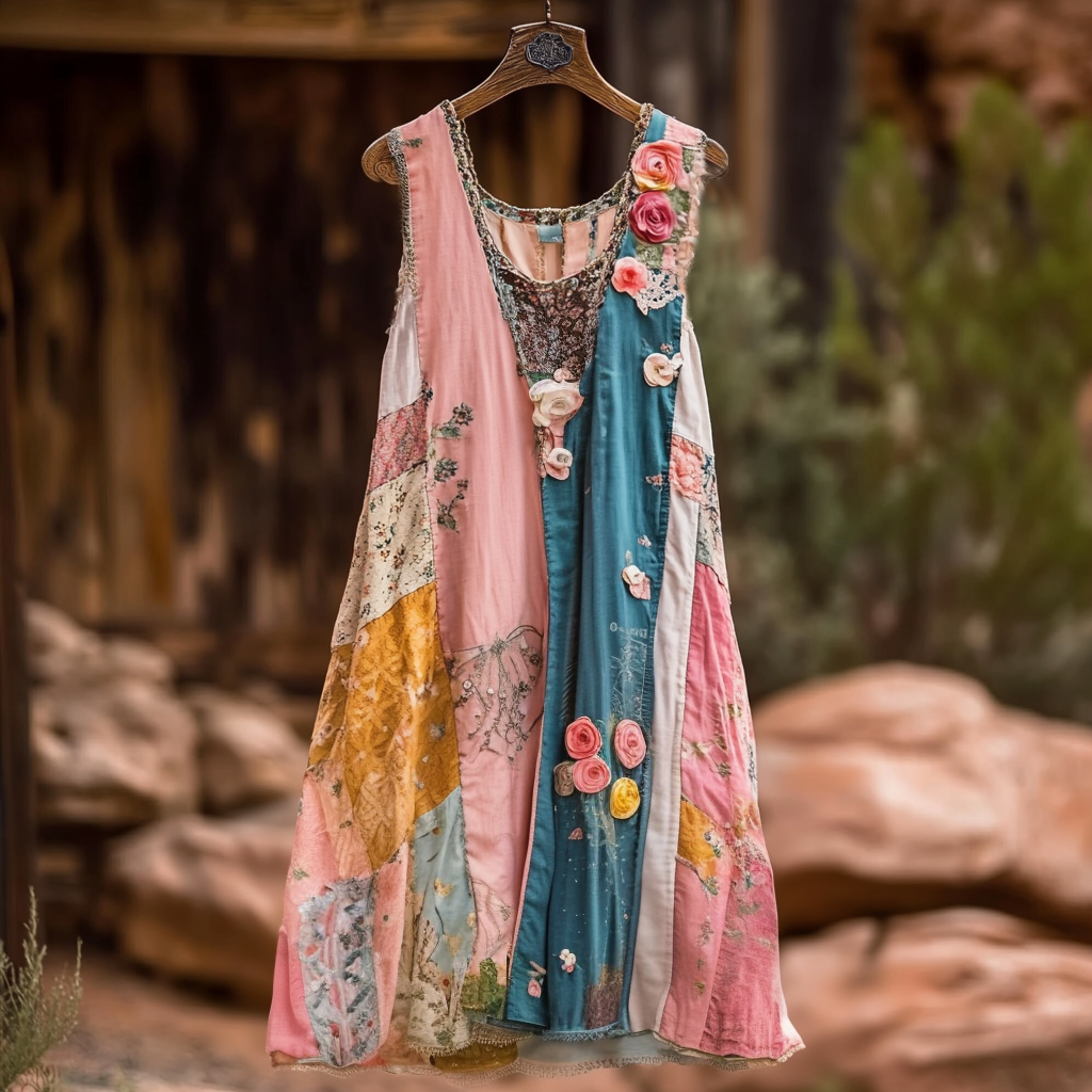 Women's Vintage Floral Applique Art Sleeveless Dress
