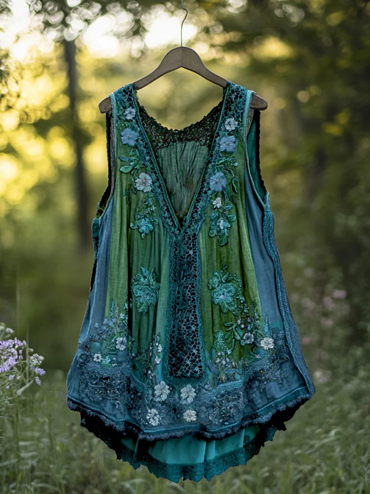 VChics Boho Lavender Lace Art Linen Lace Patchwork Art Sleeveless Tank Top