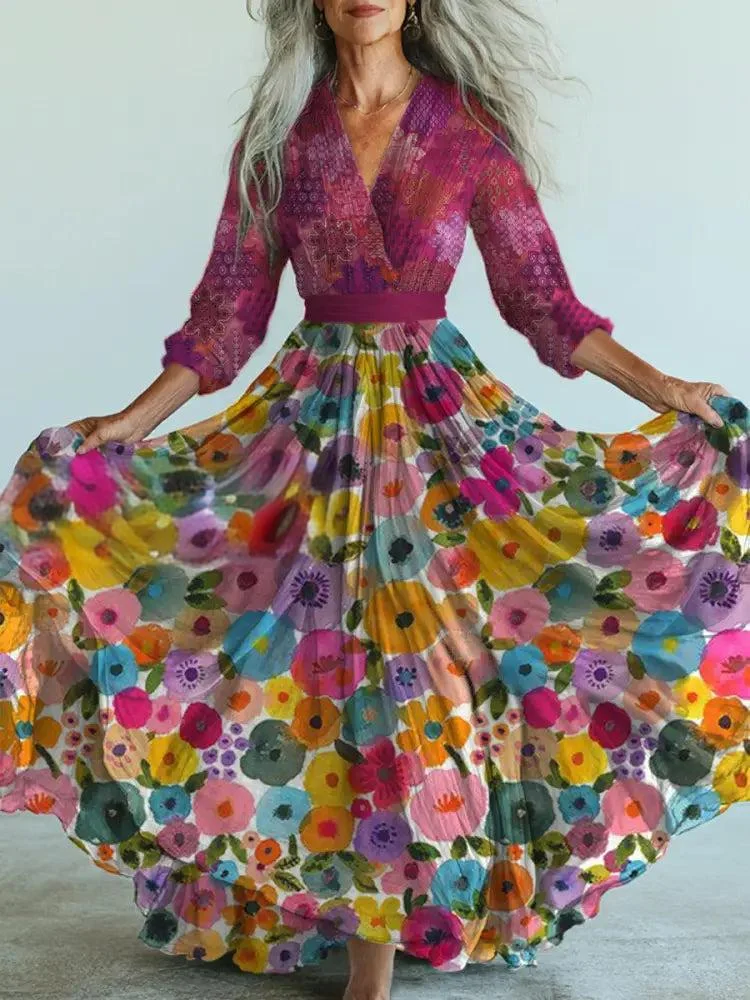 Retro Boho Floral Art Printed Vintage V-Neck Long Sleeves Midi Dress