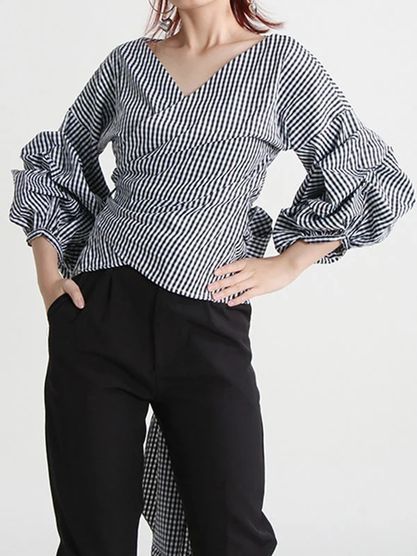 Bowknot Plaid Pleated Tied Waist Puff Sleeves V-neck Blouses&shirts Tops