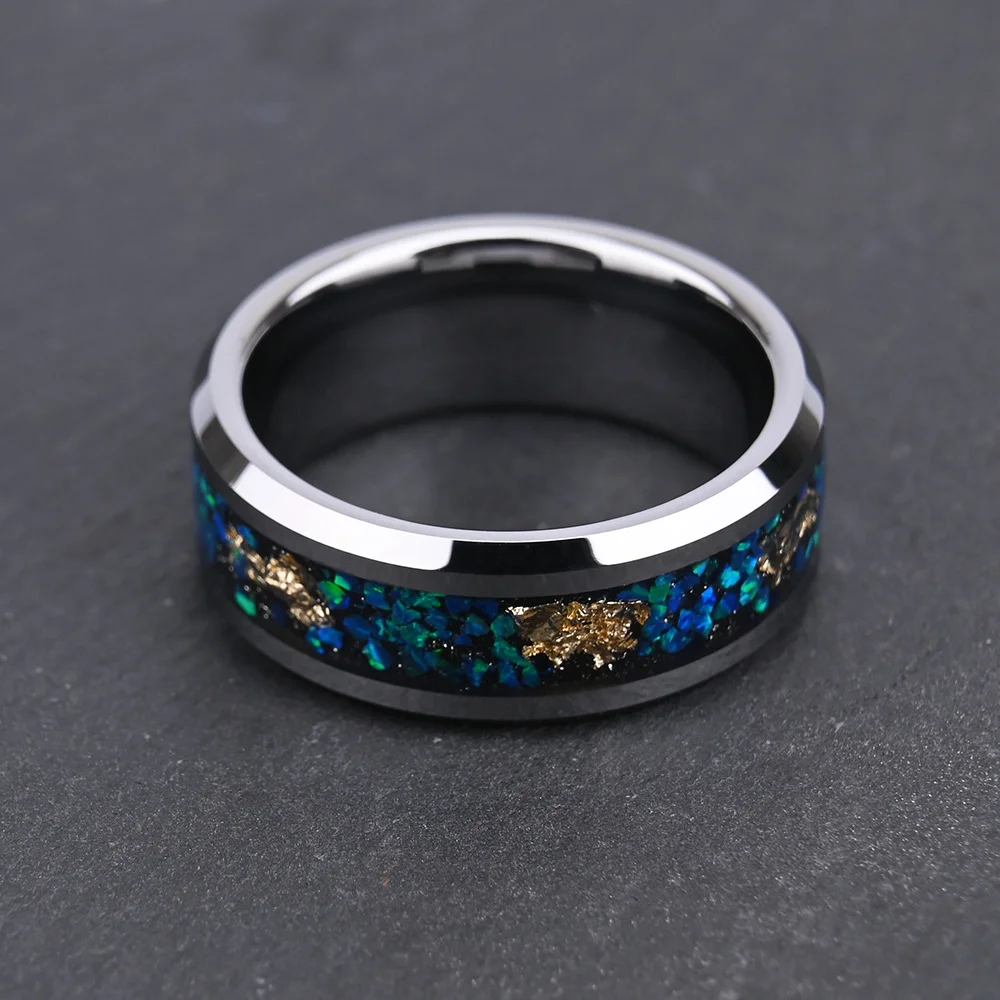 8MM Mens Women Flat Beveled Tungsten Rings Blue Opal and Gold Foil Wedding Bands
