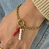 Stylish Red Chili Pearls N Pendant 18K Golden Bracelet
