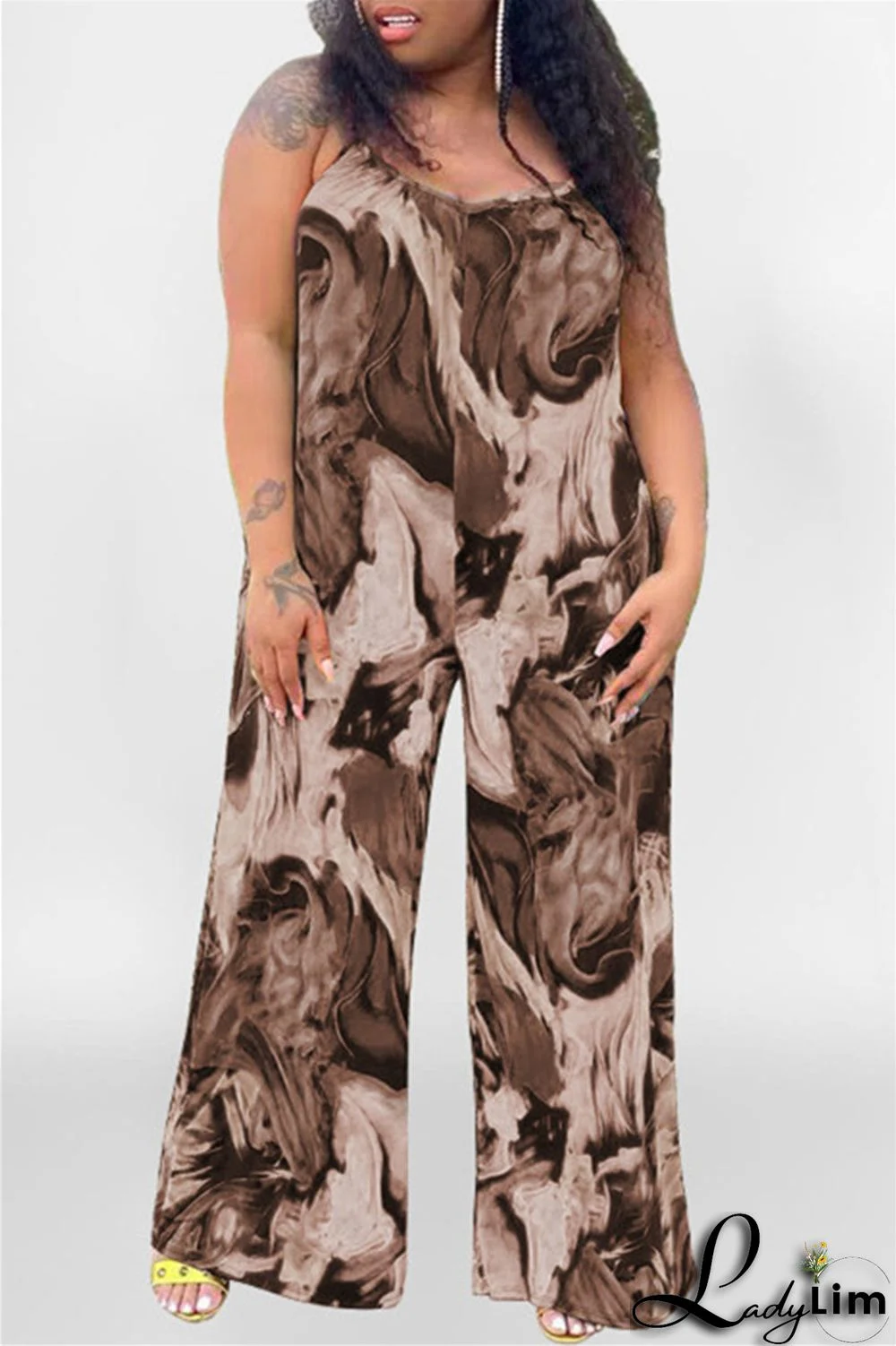 Coffee Sexy Casual Print Backless Spaghetti Strap Plus Size Jumpsuits