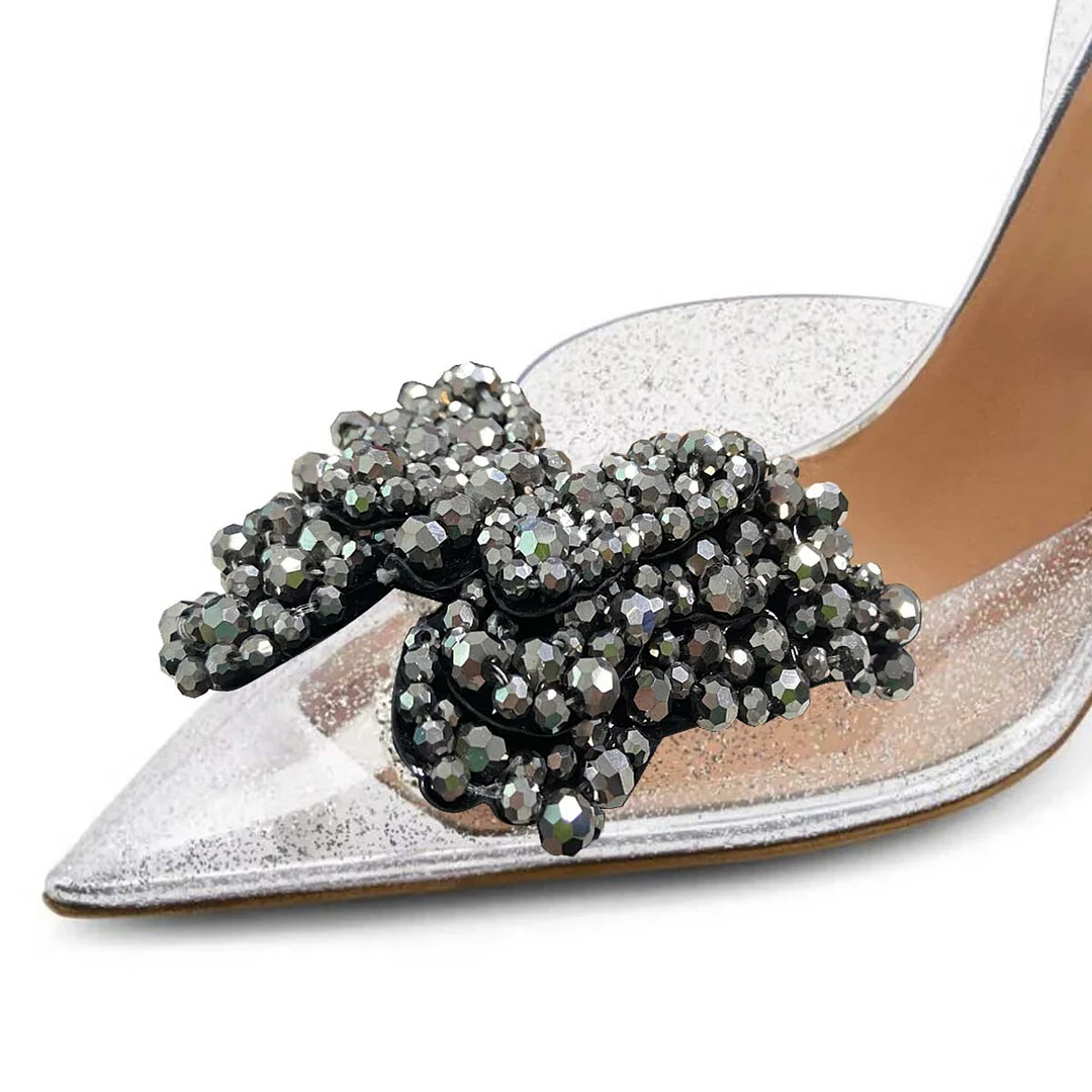 Ponited Toe High Heel Glitter Silver Pumps with Rhinestone Butterfly