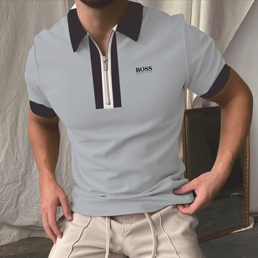 Men's Zip Casual Print Short Sleeve POLO T-Shirt