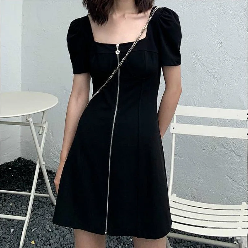 Short Sleeve Dress Women Mini Zipper Designed Chic Fashion Streetwear Slender Square Collar Black Harajuku New Vestidos Casual