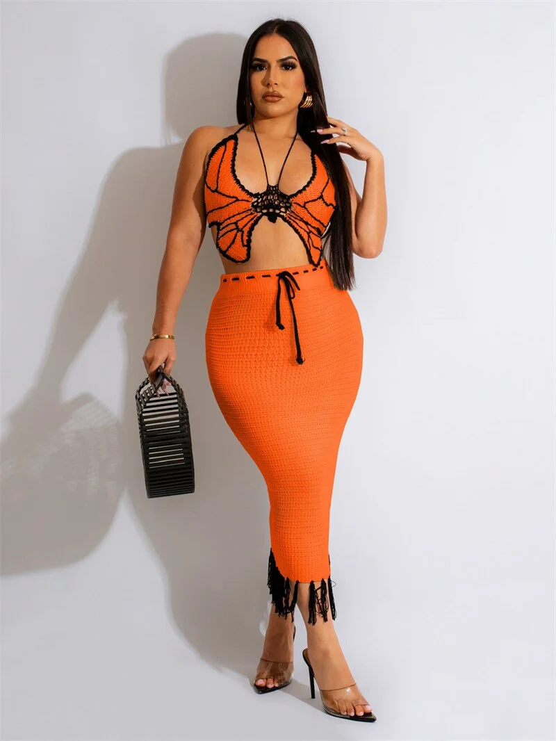 Hand Crochet Knitted 2 Piece Set Dress Women Summer Butterfly Shape Lace Up Backless Crop Tops Drawstring Tassel Maxi Skirt Suit