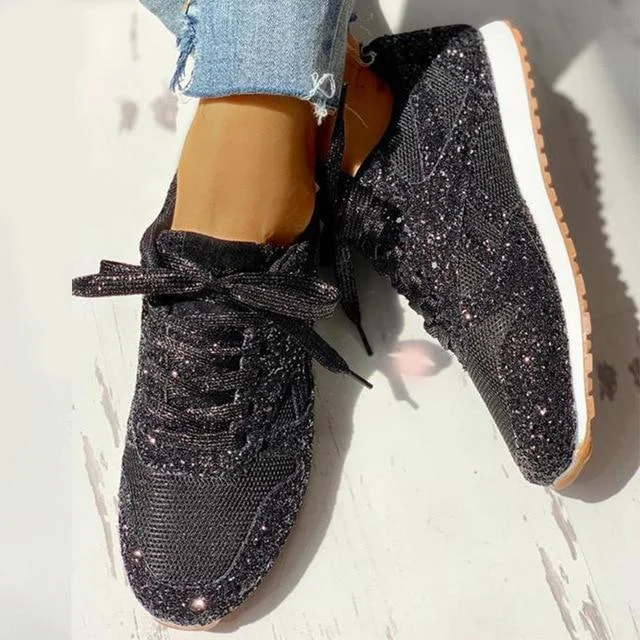 Glitter Sneakers Women Shoes 2021 Autumn Mesh Flats Casual Vulcanized Shoes Female Lace Up Bling Platform Footwear Plus Size 43 1020