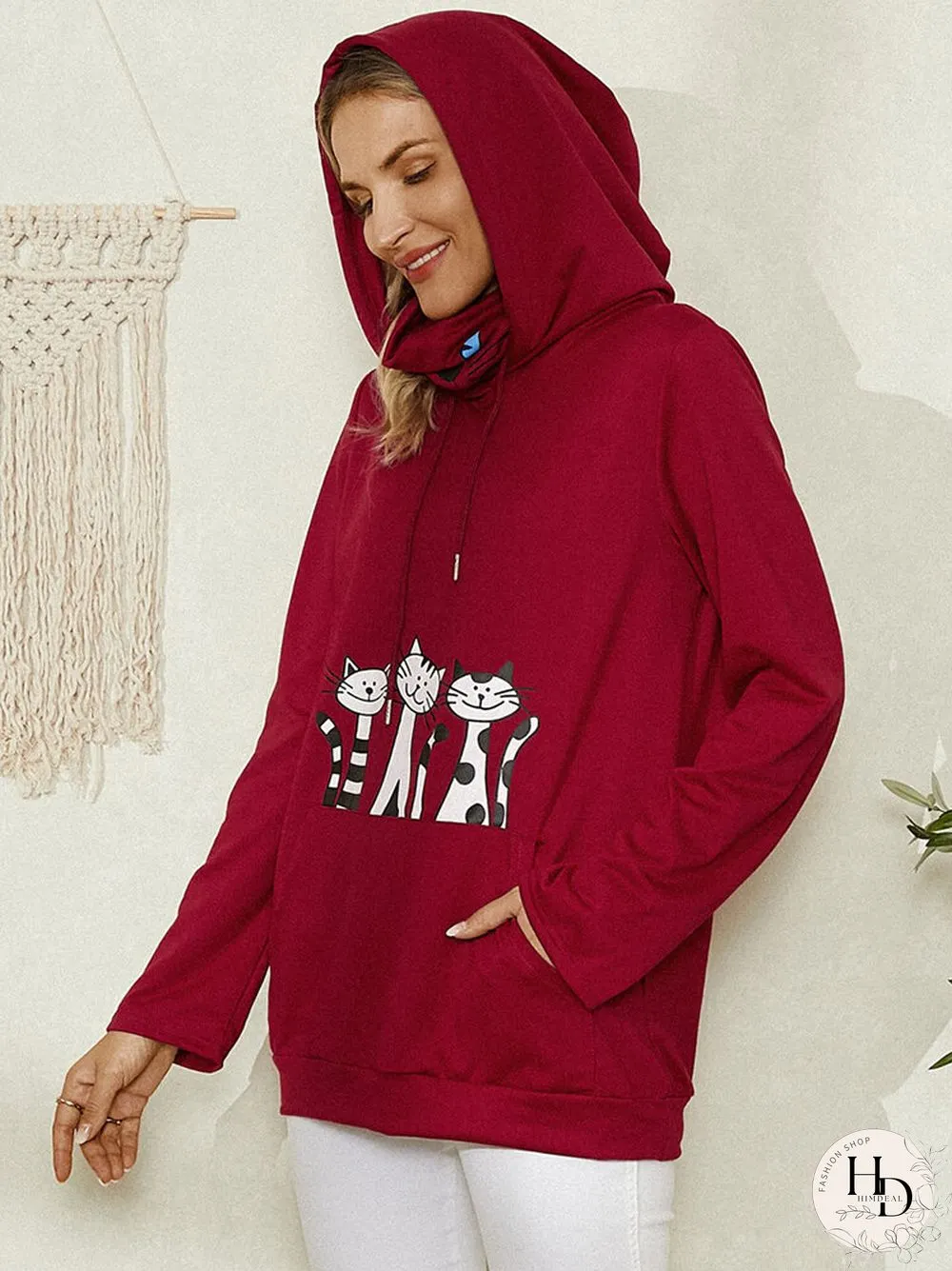 Cartoon Cat Printed Long Sleeve Snood Hoodie With Neck Gaiter