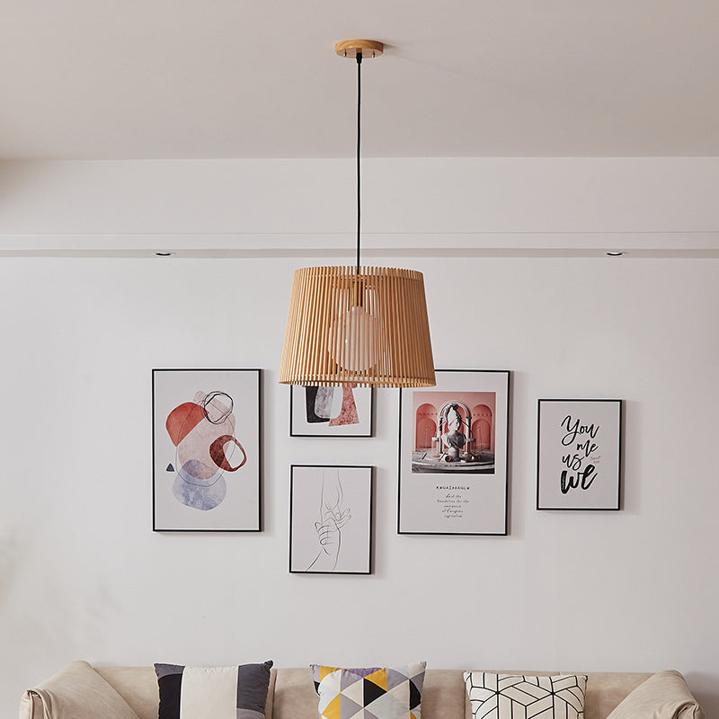 Traditional Japanese Wood Acrylic Cylinder Bucket 1-Light Pendant Light For Dining Room