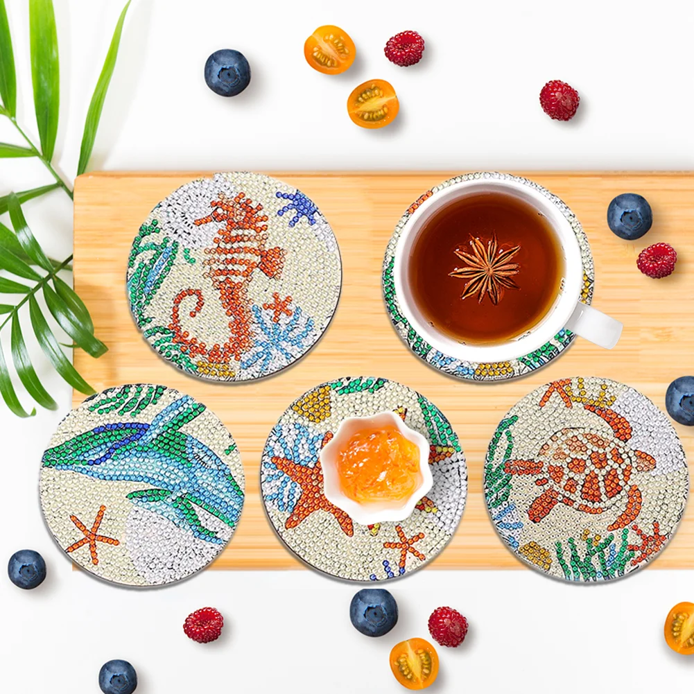 8pcs/set Sea Creatures DIY Diamond Painting Coaster Round Cup Cushion Home Decor