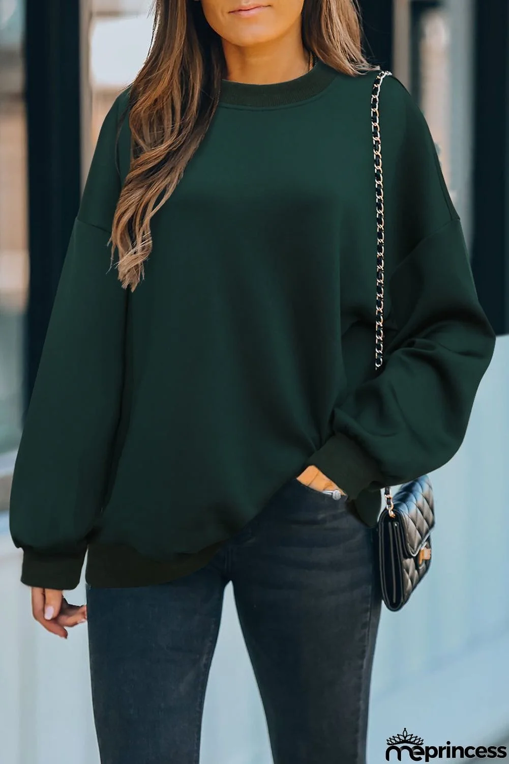 Plain Drop-shoulder Pullover Sweatshirt /Black/Green