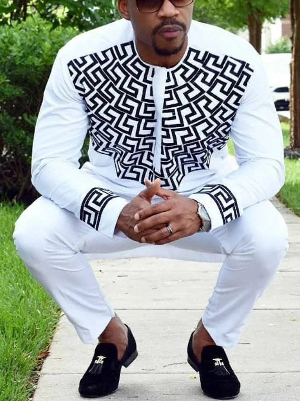 Men's fashion casual white printed long sleeve two-piece set