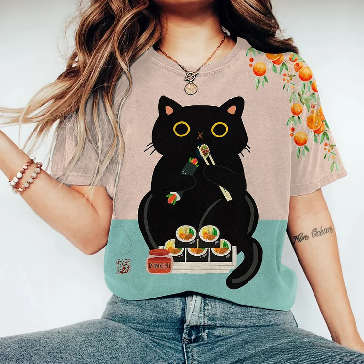 Abstract Creative Cute Black Cat Love Kimbap Korean Sushi Painting Art T-Shirt