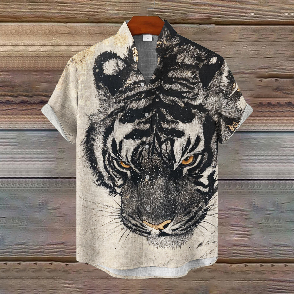Japanese Tiger Art Pattern Men's Linen Short Sleeve Shirt  artssus