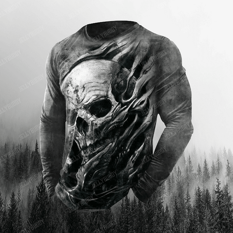 3D Horror Skull Pattern Mens Retro Sports Long Sleeve