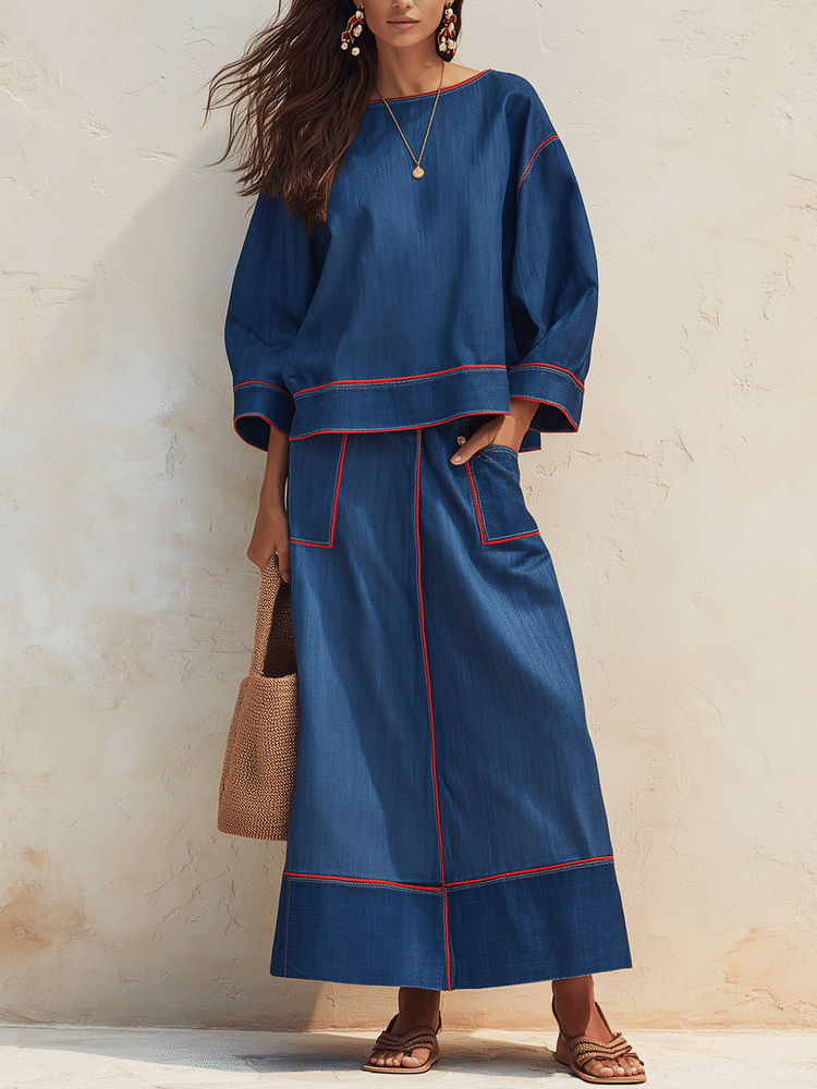 Modern Minimal Cotton-Denim Red-Topstitch Boxy Indigo Skirt Set