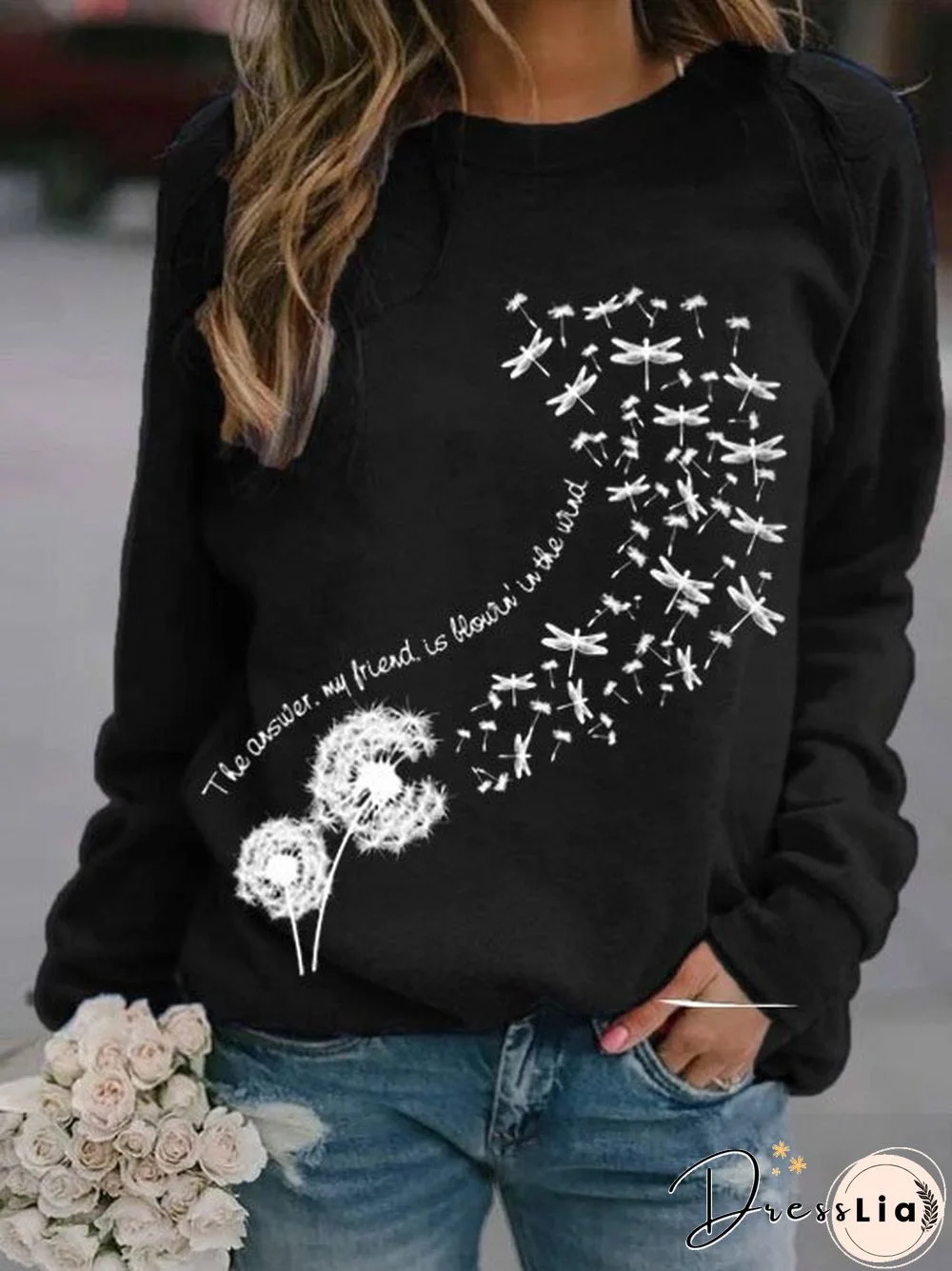 Women Casual Dandelion Print Long Sleeve Shift Sweatshirts