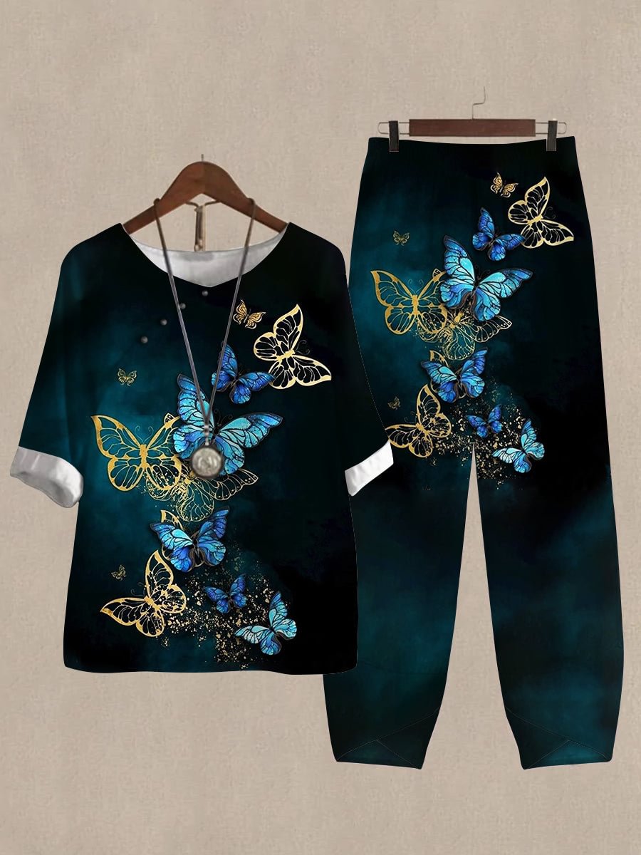 Women's Butterfly Pattern Print Half Sleeve Top And Casual Pants Linen Two Pieces