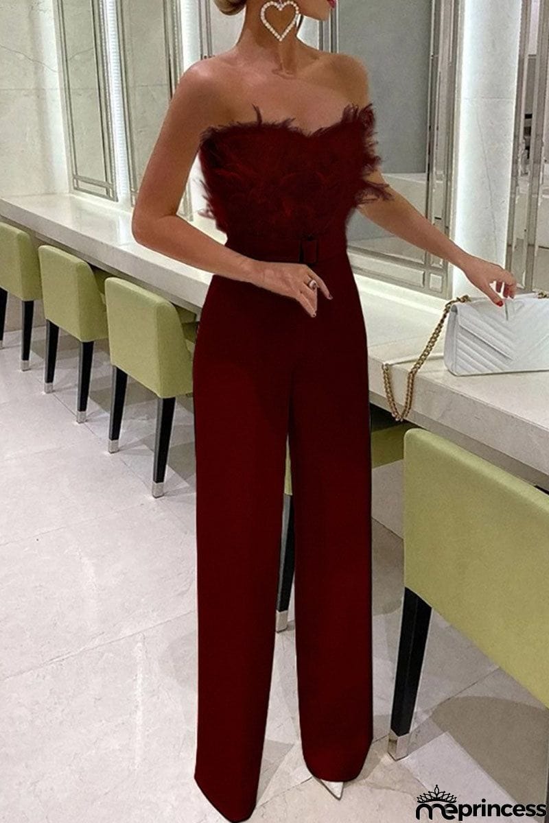 Sexy Solid Patchwork Feathers With Belt Strapless Straight Jumpsuits(Contain The Belt)
