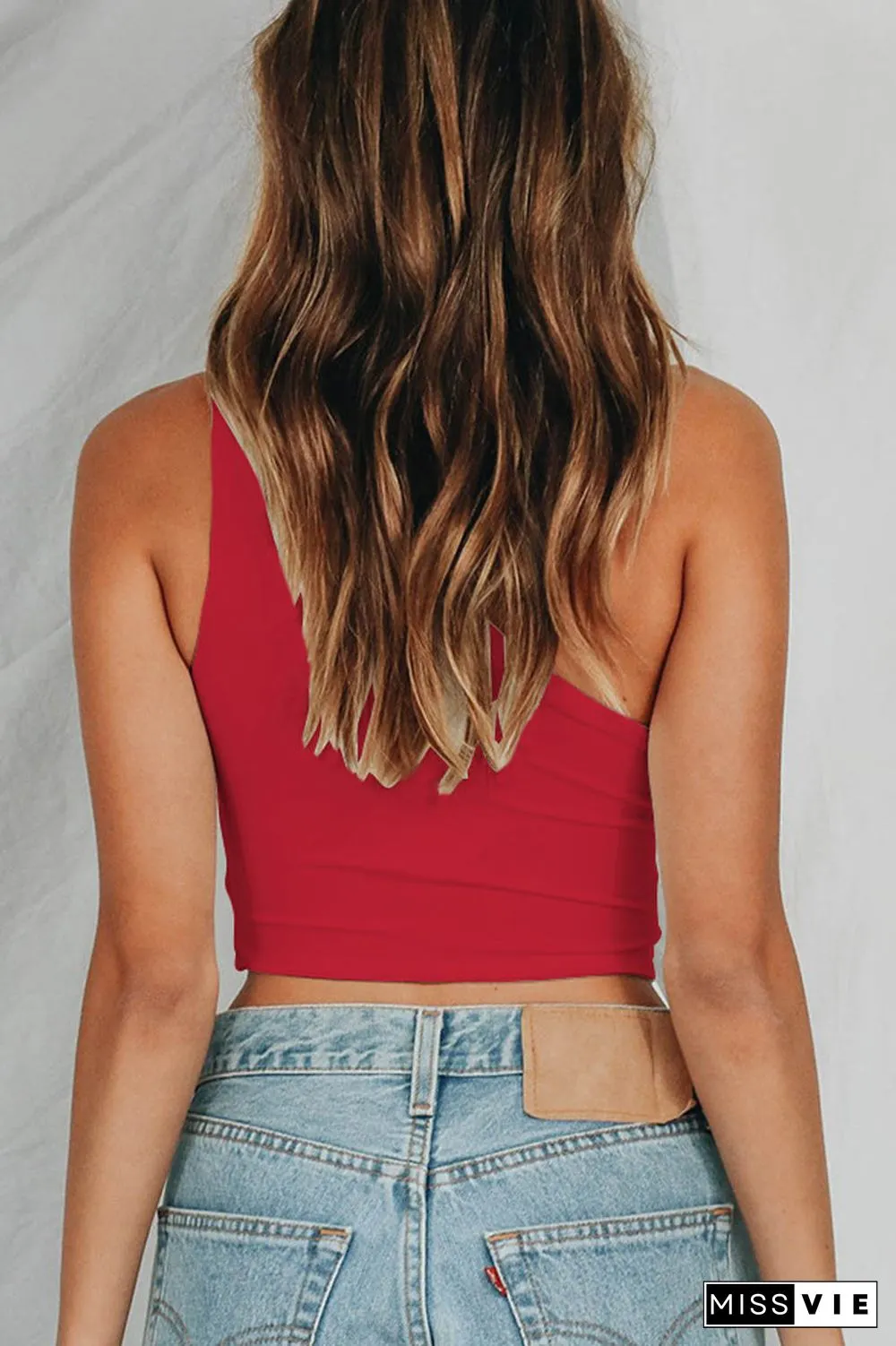 Solid Color One Shoulder Skew Neck T-Shirt
