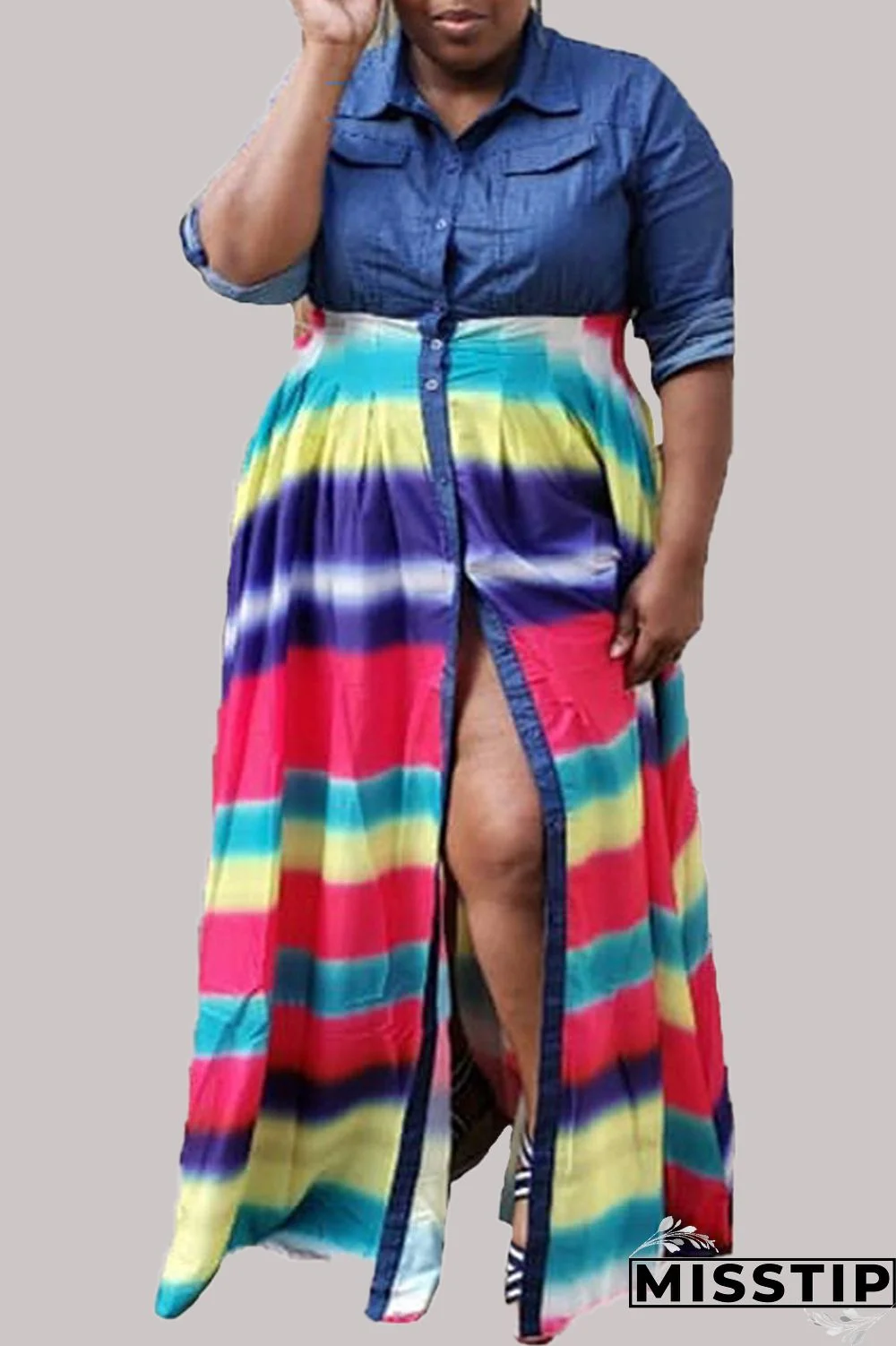 Stripe Sexy Casual Street Elegant Print Buttons Slit Turndown Collar Waist Skirt Dresses