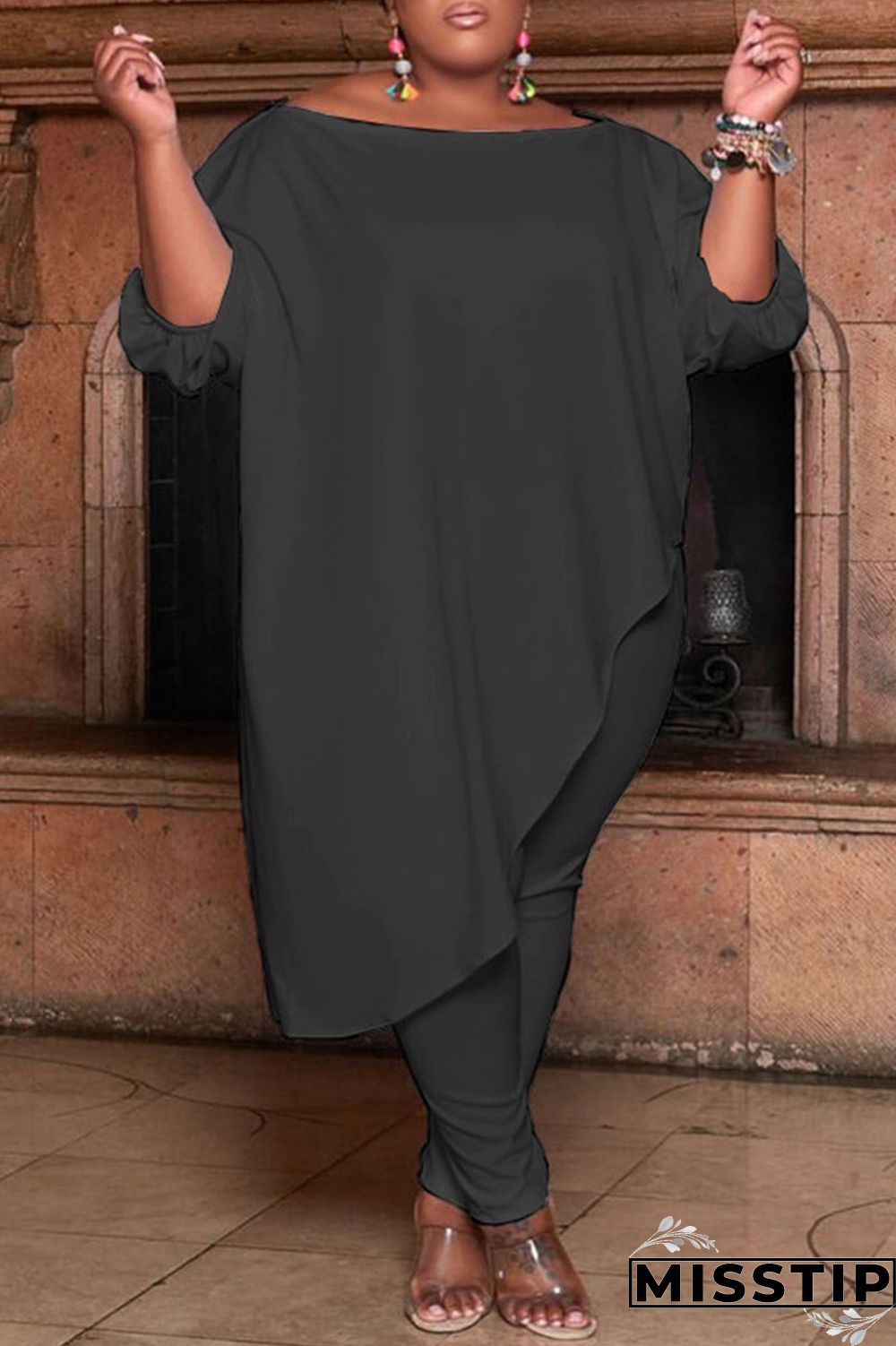 Green Fashion Casual Solid Asymmetrical Oblique Collar Plus Size Two Pieces