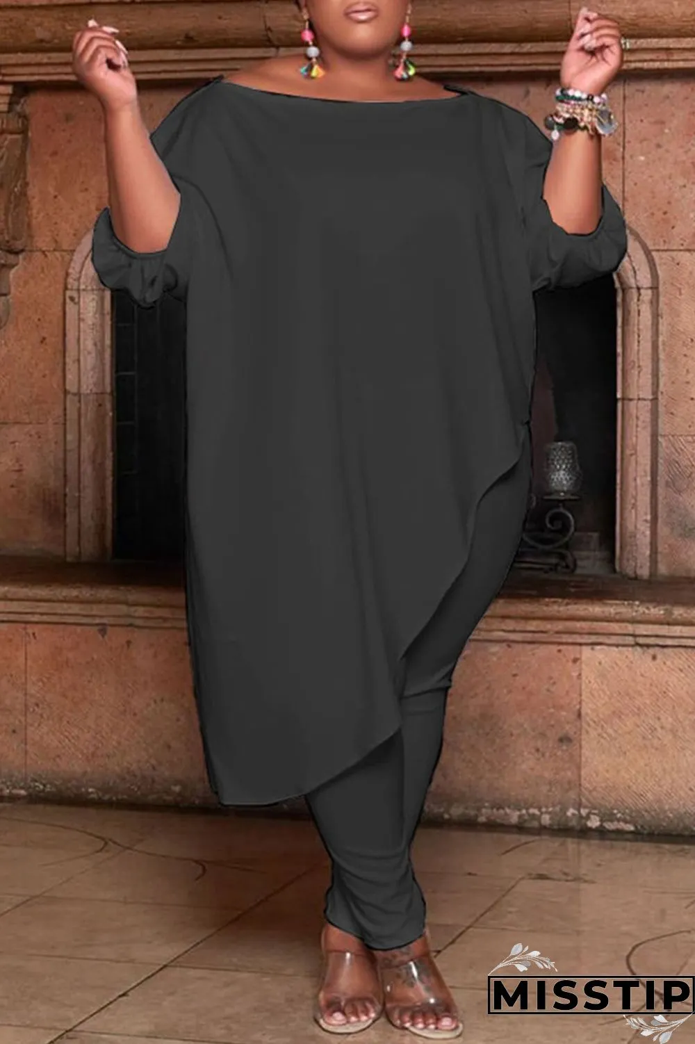 Green Fashion Casual Solid Asymmetrical Oblique Collar Plus Size Two Pieces