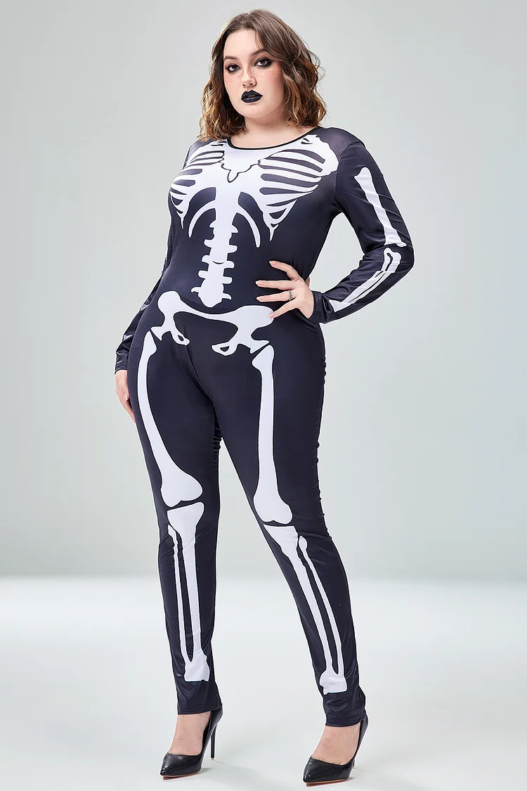 Xpluswear Design Plus Size Halloween Costume Gothic Skeleton Print Long Sleeve Knitted Jumpsuit 