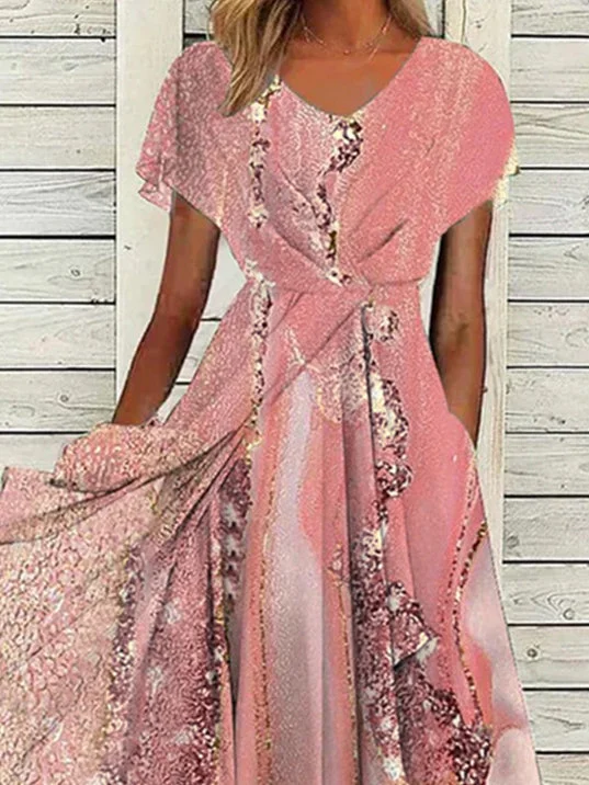 Women Short Sleeve Scoop Neck Graphic Printed Midi Dress