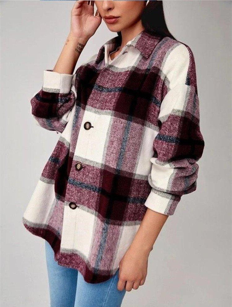 thdmladies Casual Plaid Button Down Long Sleeve Shirt Fall Jacket  thedmladies